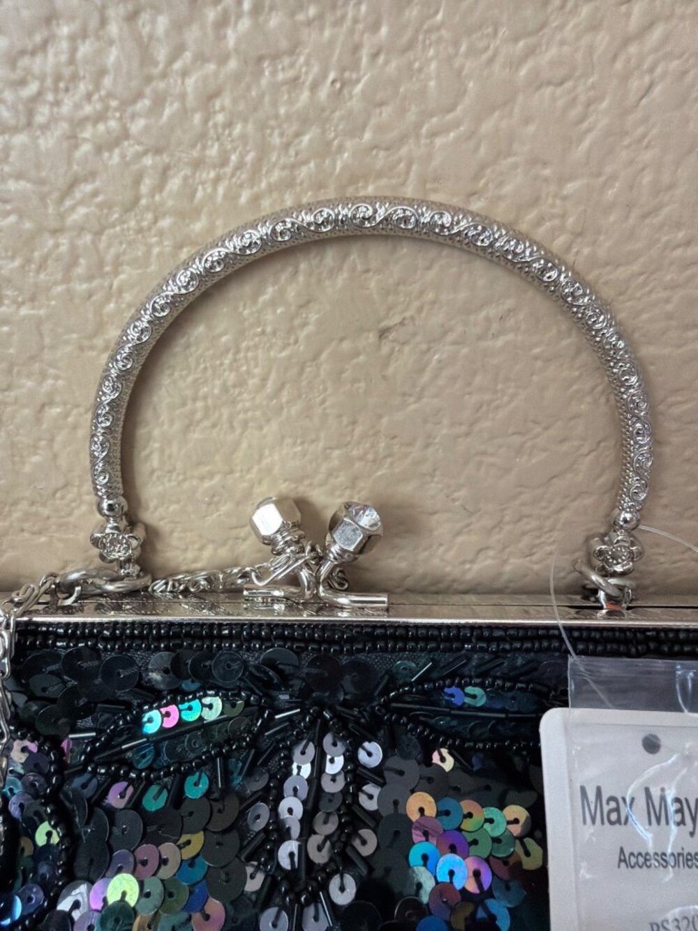 Y2K Max Mayer Black Beaded Sequin Evening Bag Clutch Kiss Lock Chain Strap NEW - Picture 10 of 14